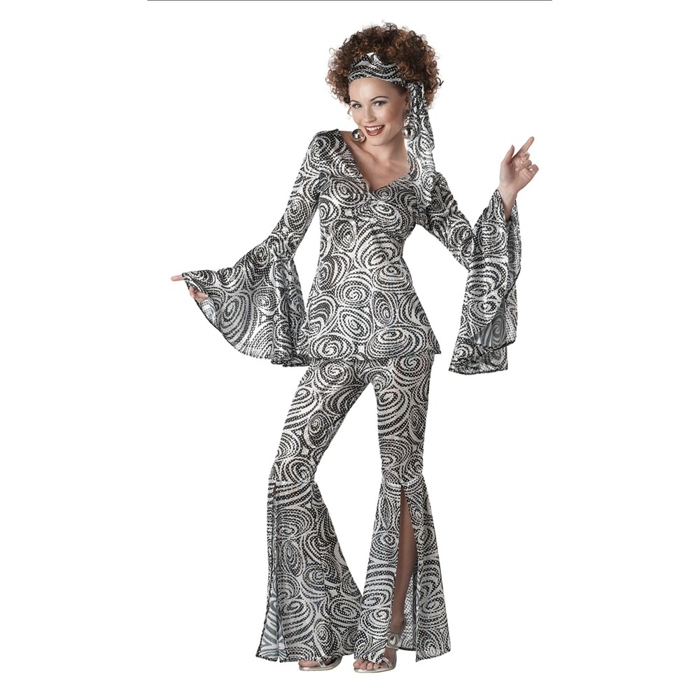 California Costumes 70s Foxy Lady Disco Costume 2X Plus Black White Swirl Sequin